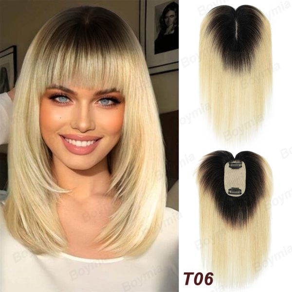 Natural Human Hair Toppers for Women Daily 360° Toppers for Thinning Hair Bangs 20 25 30 35cm Brown Roots & Blonde Hair Toppers