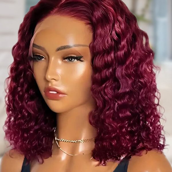 13x4 Water Wave Lace Front  Bob Wig 99J Burgundy Curly Lace Front Short Wigs Red Transparent Lace Frontal Wig Human Hair 100%