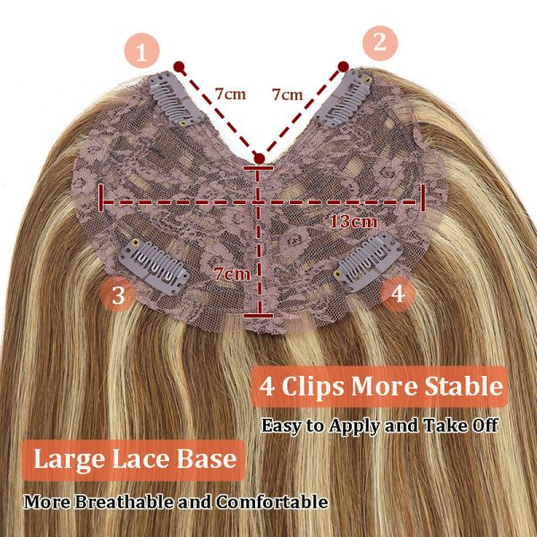 V-Part Human Hair Toppers For Women Breathable Lace Base Blonde Highlight Invisible 4 Clips Hairpiece With Thinning Hair 16Inch