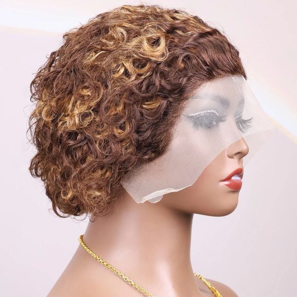 Hightlght Curly Pixie Cut Wig 4/27 Honey Blonde Short Curly Lace Front Human Hair Wigs 13x1 Water Wave Bob Wigs Human Hair 100%