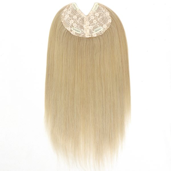 V-Part Human Hair Toppers For Women Breathable Lace Base Blonde Highlight Invisible 4 Clips Hairpiece With Thinning Hair 16Inch