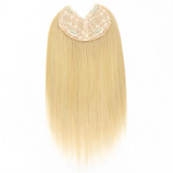 V-Part Human Hair Toppers For Women Breathable Lace Base Blonde Highlight Invisible 4 Clips Hairpiece With Thinning Hair 16Inch
