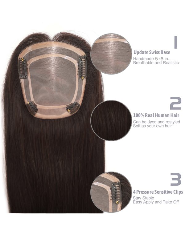 100% Real Human Hair Toppers for Women Clip in Real Hairpieces, Breathable MONO Base for Covering Grayish Thinning Hair 1B Black