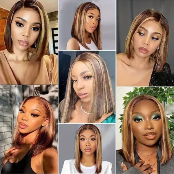 Bob Straight Wig Highlight Ombre 200%Density 13x4 HD Lace Front Wigs 4/27 Honey Blonde Brazilian Wig Human Hair 100% Pre Plucked