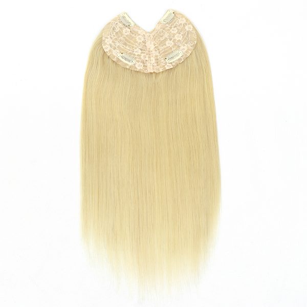 V-Part Human Hair Toppers For Women Breathable Lace Base Blonde Highlight Invisible 4 Clips Hairpiece With Thinning Hair 16Inch