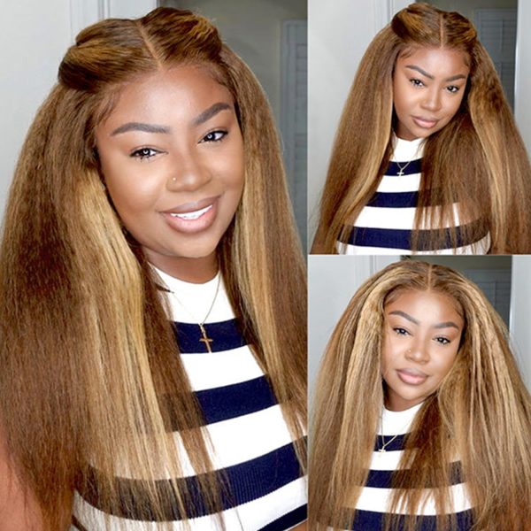 Quality Highlight 4/27 Brown Blonde Color 13x6 Kinky Straight Transparent Lace Frontal Human Wig 24Inch 200%Density Pre Plucked