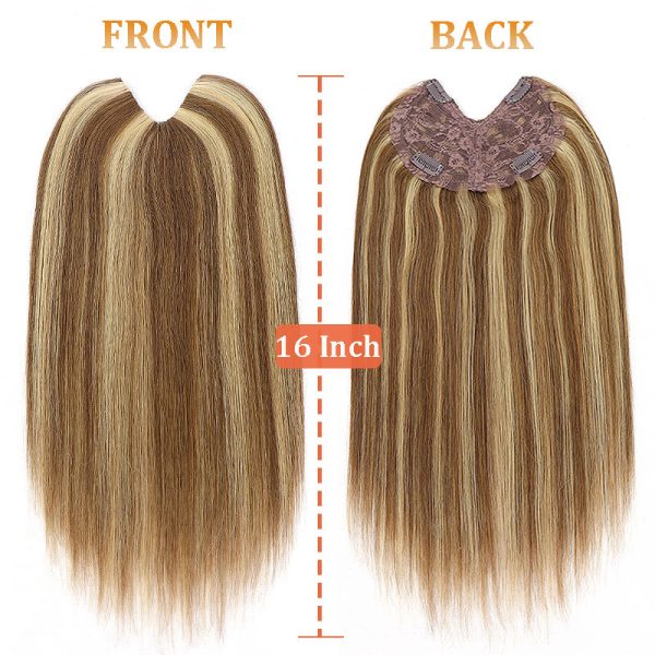 V-Part Human Hair Toppers For Women Breathable Lace Base Blonde Highlight Invisible 4 Clips Hairpiece With Thinning Hair 16Inch