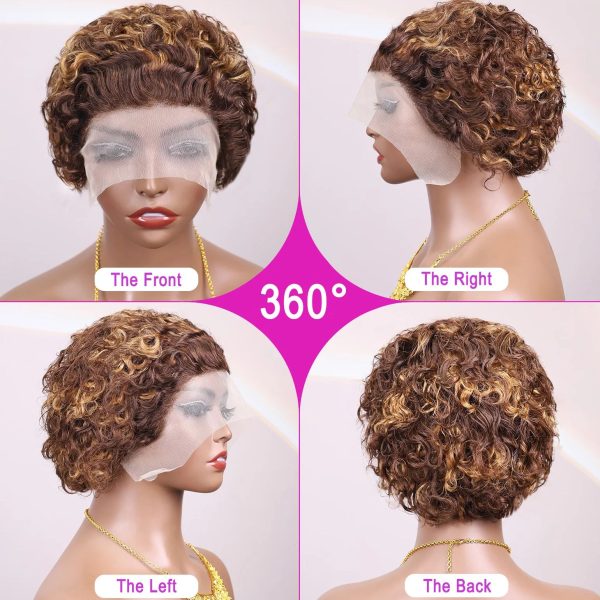 Hightlght Curly Pixie Cut Wig 4/27 Honey Blonde Short Curly Lace Front Human Hair Wigs 13x1 Water Wave Bob Wigs Human Hair 100%