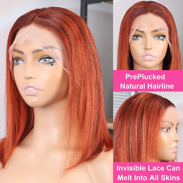 13x4 Straight Lace Frontal Bob Wig 4/350 Brown Ginger Orange Brazilian Remy Bone Straight Short Bob Wig For Women 10-14 Inch