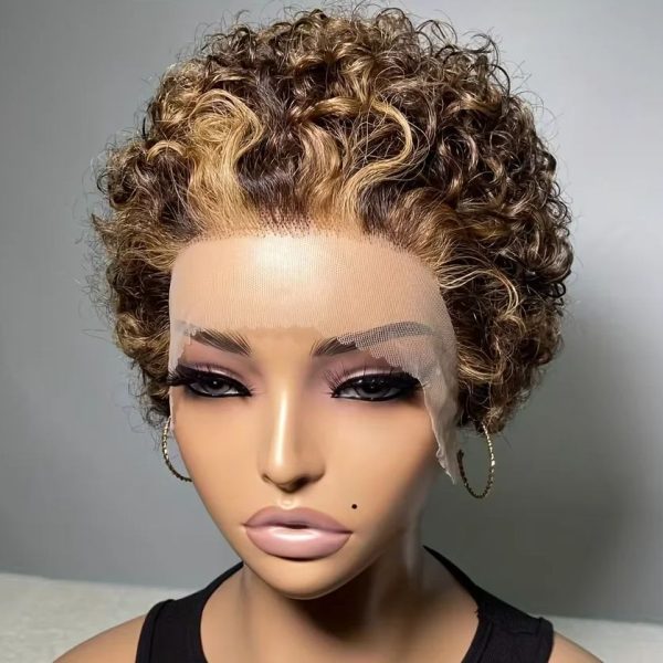 Hightlght Curly Pixie Cut Wig 4/27 Honey Blonde Short Curly Lace Front Human Hair Wigs 13x1 Water Wave Bob Wigs Human Hair 100%