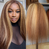 Quality Highlight 4/27 Brown Blonde Color 13x6 Kinky Straight Transparent Lace Frontal Human Wig 24Inch 200%Density Pre Plucked