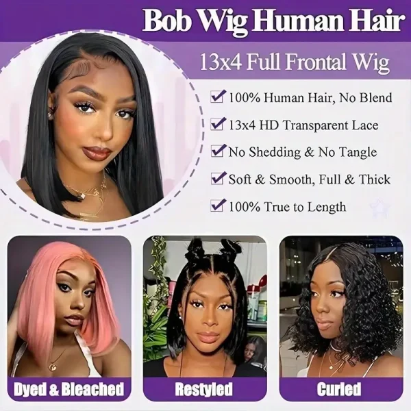 13x4 Short Straight Bob Wig Human Lace Transparent 180%Density Frontal Hair Bob Wig PrePlucked Lace Front Human Hair Wigs 14Inch