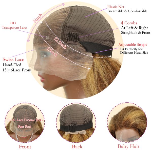 Quality Highlight 4/27 Brown Blonde Color 13x6 Kinky Straight Transparent Lace Frontal Human Wig 24Inch 200%Density Pre Plucked