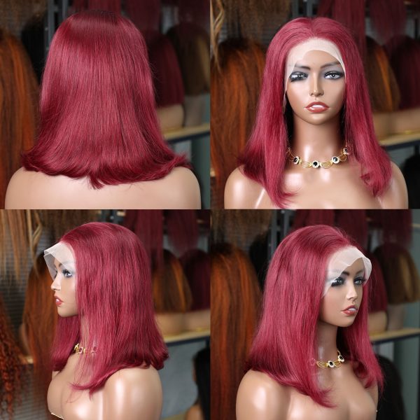 13x4 99J Burgundy Lace Front Wigs 200%Density  Brazilian Straight Bob Wig Human Hair 100% Transparent Lace Front Short Wig