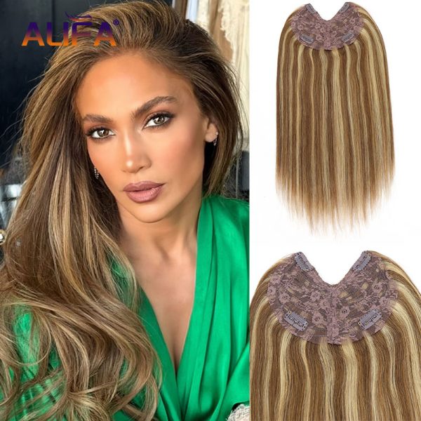 V-Part Human Hair Toppers For Women Breathable Lace Base Blonde Highlight Invisible 4 Clips Hairpiece With Thinning Hair 16Inch