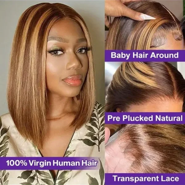 Bob Straight Wig Highlight Ombre 200%Density 13x4 HD Lace Front Wigs 4/27 Honey Blonde Brazilian Wig Human Hair 100% Pre Plucked