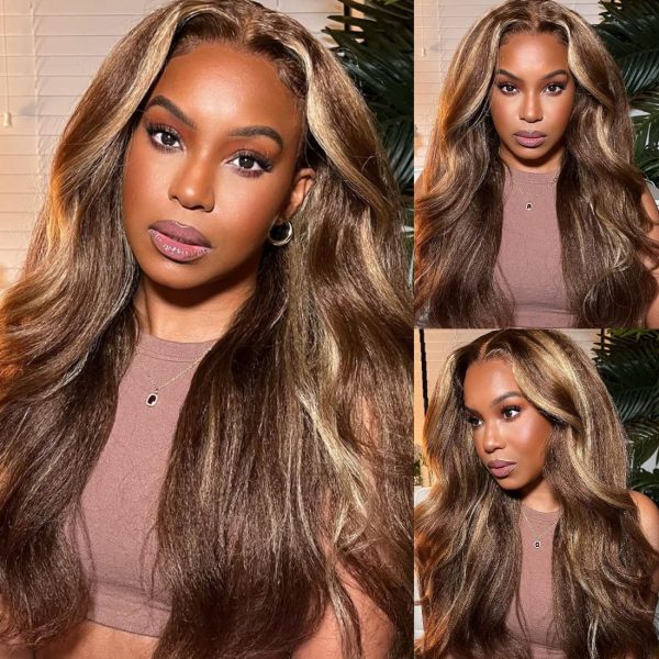 Quality Highlight 4/27 Brown Blonde Color 13x6 Kinky Straight Transparent Lace Frontal Human Wig 24Inch 200%Density Pre Plucked