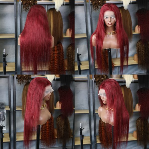 13x6 99J Burgundy Brazilian Straight 200% Lace Front Wigs For Women 24Inch Transparent Lace Human Hair Wigs Pre Plucked