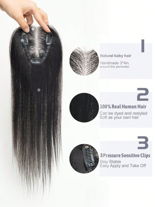 100% Real Human Hair Toppers for Women Clip in Real Hairpieces, Breathable MONO Base for Covering Grayish Thinning Hair 1B Black