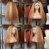Quality Highlight 4/27 Brown Blonde Color 13x6 Kinky Straight Transparent Lace Frontal Human Wig 24Inch 200%Density Pre Plucked