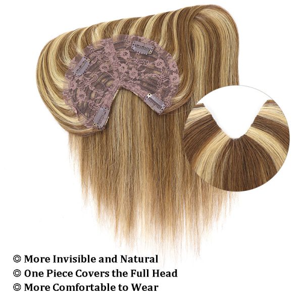 V-Part Human Hair Toppers For Women Breathable Lace Base Blonde Highlight Invisible 4 Clips Hairpiece With Thinning Hair 16Inch
