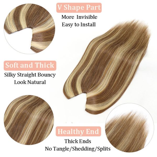 V-Part Human Hair Toppers For Women Breathable Lace Base Blonde Highlight Invisible 4 Clips Hairpiece With Thinning Hair 16Inch