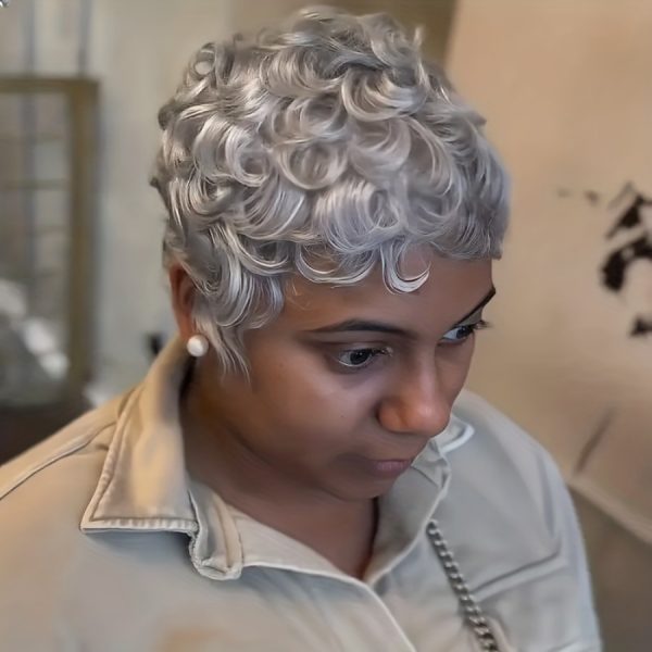 Gray Pixie Human Hair Wig Full Machine Made, Loose Curly Short Pixie Cut with Rose Net Cap, Natural Gray Hair for Everyday