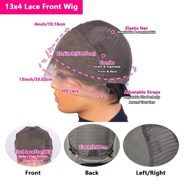 Finger Wave Brazilian Remy Human Hair 13x4 Lace Front Wig 180% Density Pixie Cut for Natural Look  Black 99j wig