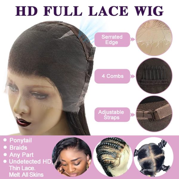Straight Human Hair Real Full Lace Wig 200 Density Human Hair Wigs Preplucked HD 360 Full Lace Wig Bone Straight Lace Front Wig