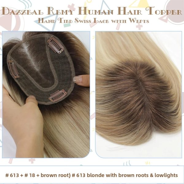 Blonde Hair Topper Natural Human HairPieces Clips Ins Extension Large Swiss Lace Human Hair Topper For Women Dazzeal Lace Topper