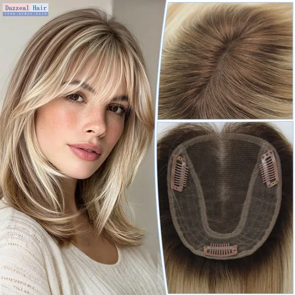 Blonde Hair Topper Natural Human HairPieces Clips Ins Extension Large Swiss Lace Human Hair Topper For Women Dazzeal Lace Topper