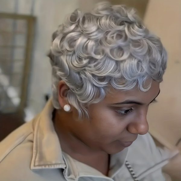 Gray Pixie Human Hair Wig Full Machine Made, Loose Curly Short Pixie Cut with Rose Net Cap, Natural Gray Hair for Everyday