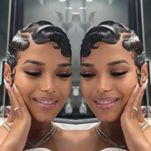 Finger Wave Brazilian Remy Human Hair 13x4 Lace Front Wig 180% Density Pixie Cut for Natural Look  Black 99j wig