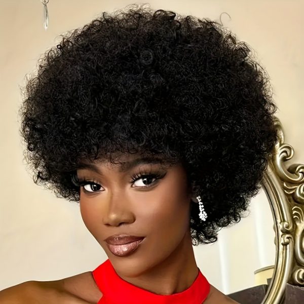 Short Afro Curly Pixie Human Hair Wig for Women - 6 Inch Natural Black 150% Density, Versatile Daily full machine made