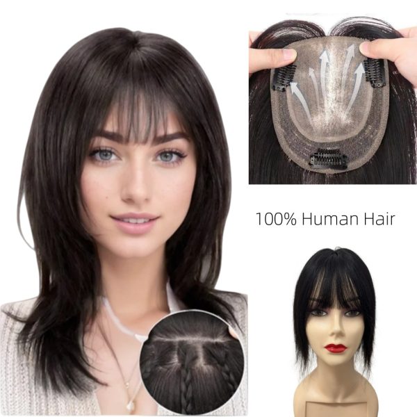 Silk Base Human Hair Topper For Women Clips In Hairpieces with Bangs Free Parting Realistic Scalp Straight Hair Cover Hair Loss