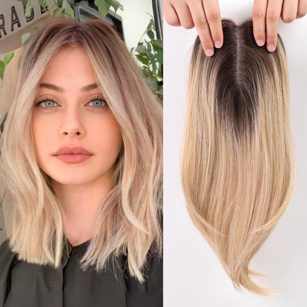 Ombre Blonde Clip In Human Hair Topper For Women | Colored Hairpiece, Fashion Top Piece Extension, Wig Feel