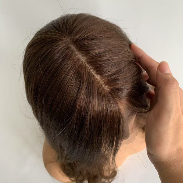 #4 Brown Color Silk Top Silicone Cap Medical Gluless Wig Replacement European Human Hair For Alopecia Or Cancer
