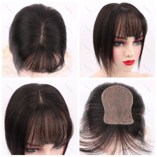 No-Clip Human Hair Topper 8x11cm Silk Base Skin Like Toppers with Bangs Breathable Realistic Skin-Like Hairpart Free Part 25cm
